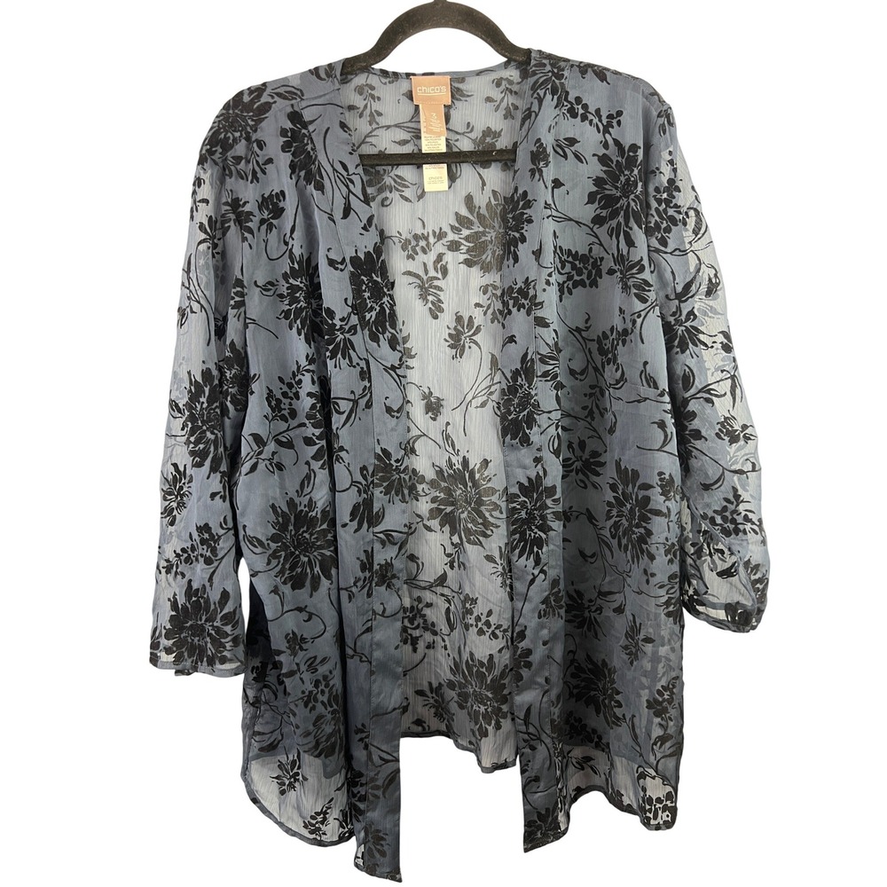 Chico's Dark Blue‎ Sheer Black Velvet Burnout Open Cardigan SZ 3 Whimsigoth
